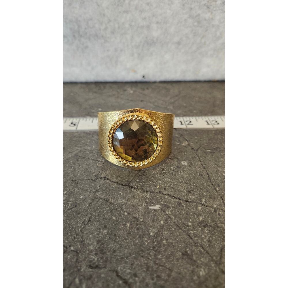 Gold Cuff Bangle Bracelet Tibetan Gold Plated Citrine Gemstone & Floral Engrave